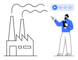 Factory emitting smoke beside a professional holding a clipboard, gesturing towards an audio data graph. Ideal for industry, environment, business, data analysis, presentations, communication