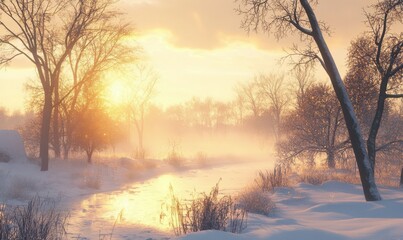 Idyllic snow-covered winter landscape with soft golden sunlight filtering through bare trees, creating a serene and tranquil atmosphere