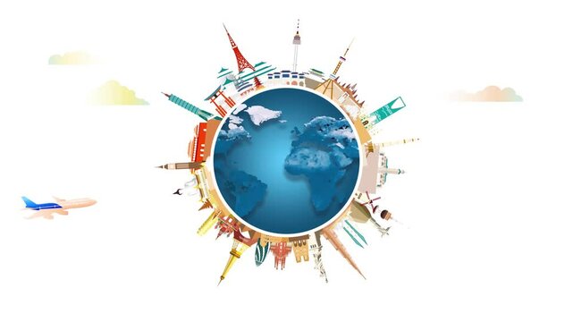 Travel landmark around the world animation banner with cloud and airplane (4K) rending illustration.  Travel world heritage and world famous architecture.