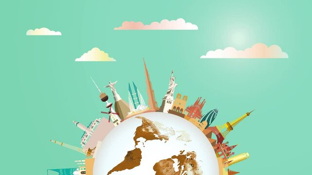 Travel landmarks around the world with cloud and airplane on green background, vacation, sightseeing animation banner with (4K) . Travel world heritage and world famous buildings.