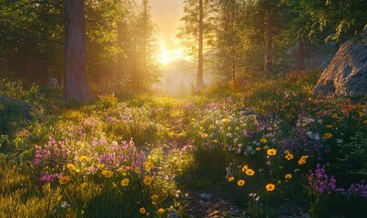 Obraz premium Serene forest clearing bathed in golden sunlight, with vibrant wildflowers scattered on the forest floor .