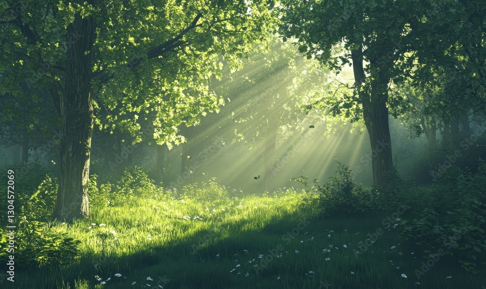 Poster serene forest scene illuminated by warm sunlight streaming through trees, creating a calming and nat