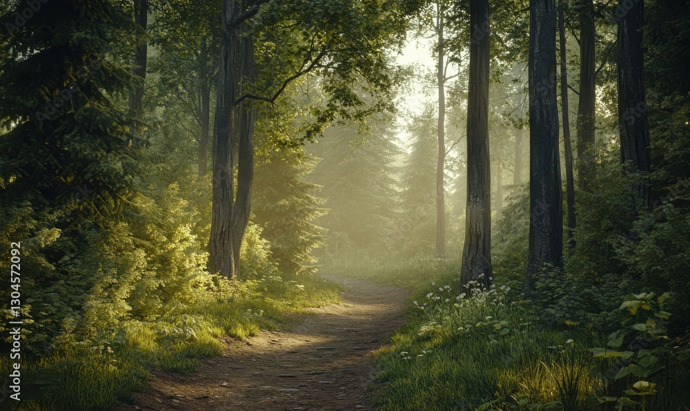 Poster serene forest pathway illuminated by dappled sunlight streaming through tall trees, creating a tranq