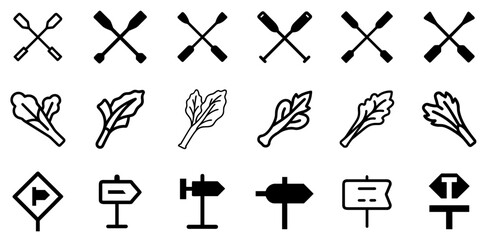 "Rowing Oars, Rhubarb, and Road Sign Icon Set – Sport, Nature, and Navigation Vector Symbols"