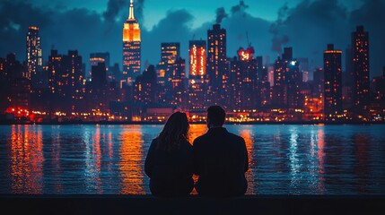 Couple enjoying romantic evening by city skyline, New York City, vibrant lights reflecting on water, serene and intimate atmosphere, urban romance concept