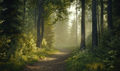 Naklejka premium Serene forest pathway illuminated by dappled sunlight streaming through tall trees, creating a tranquil and inviting natural scene