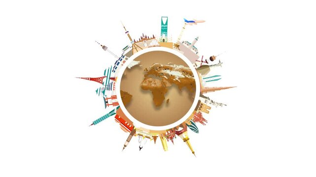Travel around the world animation banner with airplane and cloud (4K) rending illustration. Travel world heritage and world famous buildings