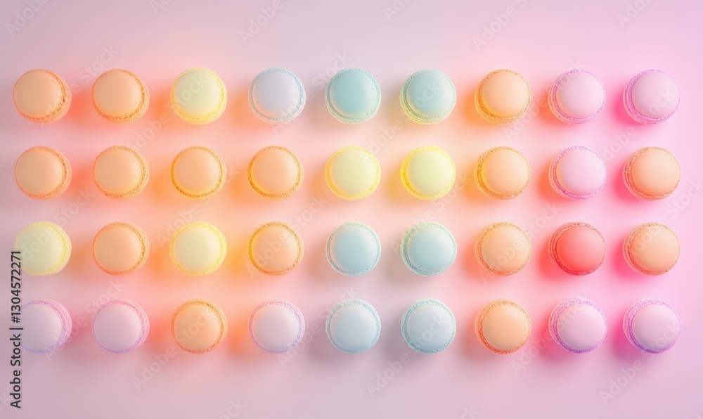 Poster minimalist arrangement of colorful macarons placed in neat rows on a pastel background, illuminated 
