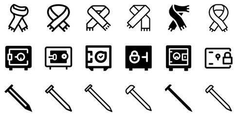 "Scarf, Secure Safe, and Nail Icon Set – Fashion, Security, and Construction Vector Symbols"