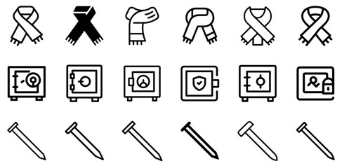 "Scarf, Secure Safe, and Nail Icon Set &ndash; Fashion, Security, and Construction Vector Symbols"