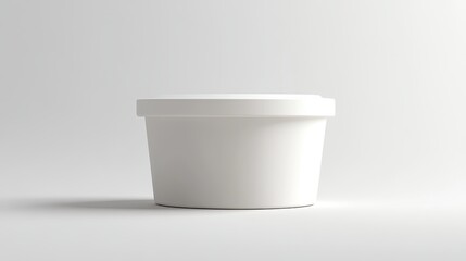 A pristine white ice cream tub, its lid snugly closed, sits majestically on a stark white backdrop, a blank canvas ready to showcase the allure of its contents or any other product it might hold.