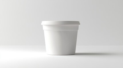 A pristine white ice cream tub, its lid snugly closed, sits majestically on a stark white backdrop, a blank canvas ready to showcase the allure of its contents or any other product it might hold.