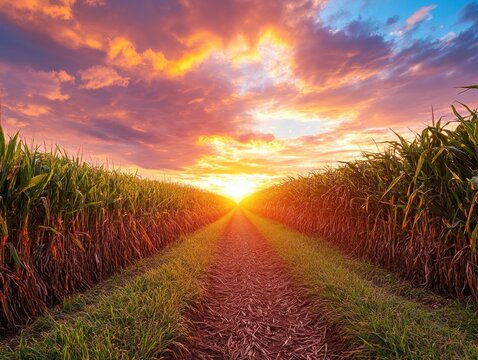 Serene sunset over a cornfield with a path leading to the horizon creating a sense of peace and hope in a rural landscape