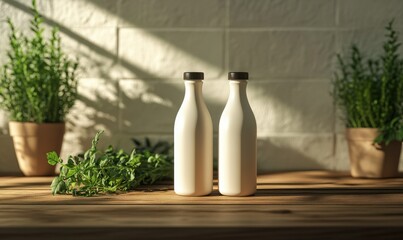 Minimalist ceramic milk bottles on a wooden counter with fresh herbs and natural lighting creating a clean and refreshing look