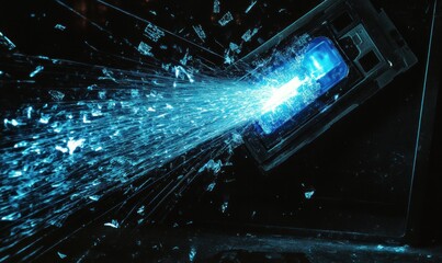 Shattered glass and glowing blue fragments exploding from a device.