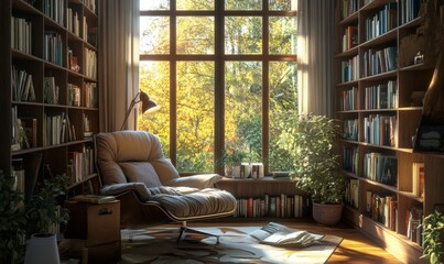 Cozy library room with armchair, bookshelves, and large window.