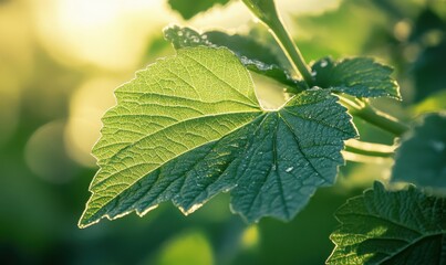Macro shot of a lush green leaf with water droplets glistening under bright sunlight, highlighting natural textures.