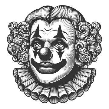 recommend clip art: clown face with curly hair, exaggerated makeup, and a ruffled collar in retro engraving style sketch engraving generative ai vector illustration. Scratch board imitation. Black and white image.