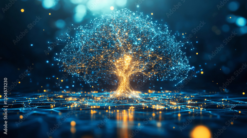 Poster a stylized tree composed of interconnected lines and nodes, resembling a neural network or data visu