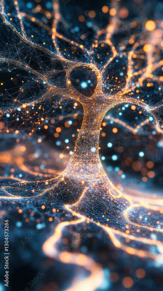 Poster a stylized tree composed of interconnected lines and nodes, resembling a neural network or data visu