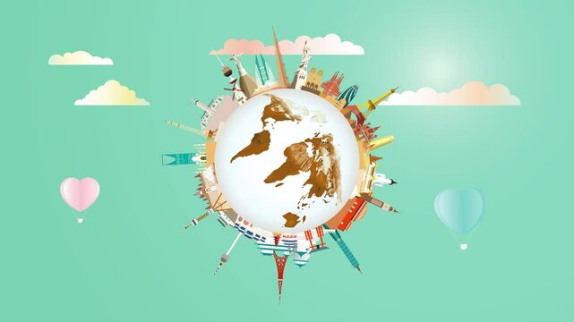 Travel landmarks around the world on green background, vacation, sightseeing animation banner with (4K) . Travel world heritage and world famous buildings.