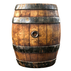 Obraz premium Weathered Timber: A rustic wooden barrel, meticulously detailed with metal hoops, evokes a sense of history and craftsmanship, ready to store vintage wines and other spirits.