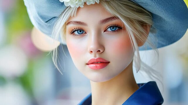 pretty lady, young Caucasian woman wearing fashion hat  match with blue formal jacket looking at camera 