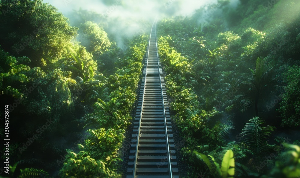 Poster serene railway track disappearing into a dense, foggy forest, surrounded by lush greenery and illumi
