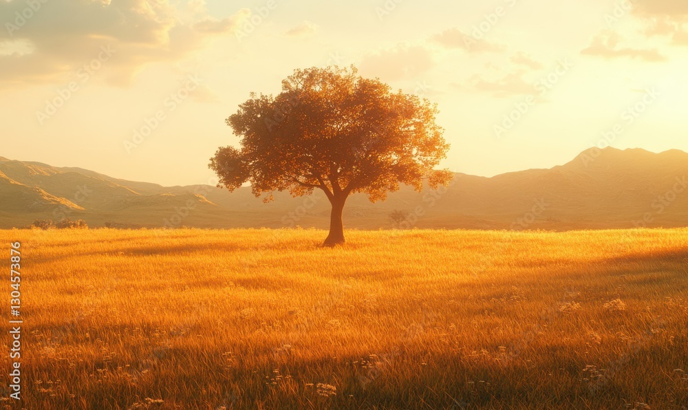 Aufkleber lonely tree in a vast golden field illuminated by soft sunset light, creating a serene and peaceful 