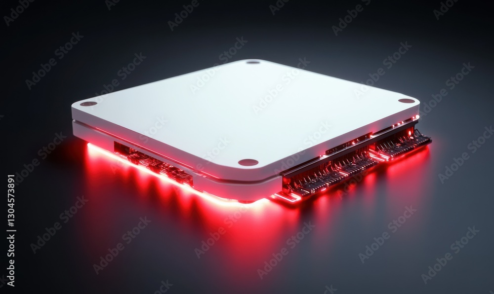 Poster minimal white processor module with glowing red circuits beneath it, futuristic electronic technolog