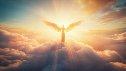 A serene and ethereal scene of an angelic figure, like a guardian angel, with large, detailed wings standing among clouds