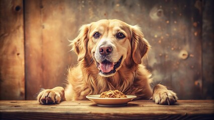 Golden Retriever Enjoying a Meal: Vintage Style Dog Photo