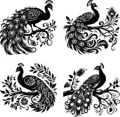 Fototapeta premium A set of four intricate black and white peacock illustrations with decorative floral elements, perfect for tattoo designs, prints, or ornaments. 