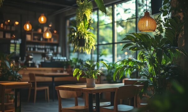 Modern coffee shop with vibrant green plants, sleek wooden furniture, and warm hanging lights creating a welcoming and trendy vibe