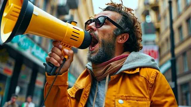 man in public speaking yelling in megaphone with advertising billboard as background,