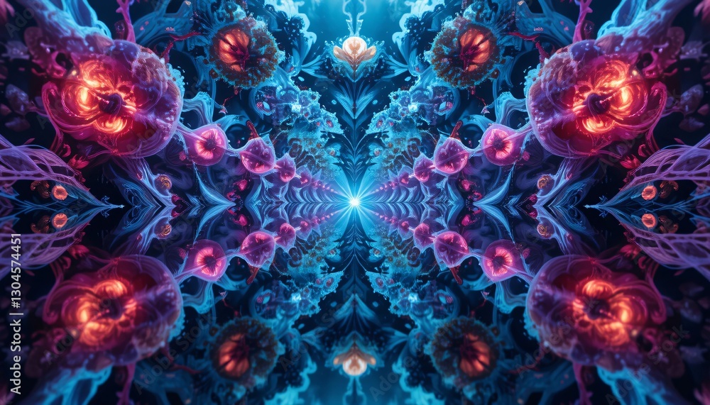 Poster symmetrical artistic design featuring vibrant and colorful fractal patterns
