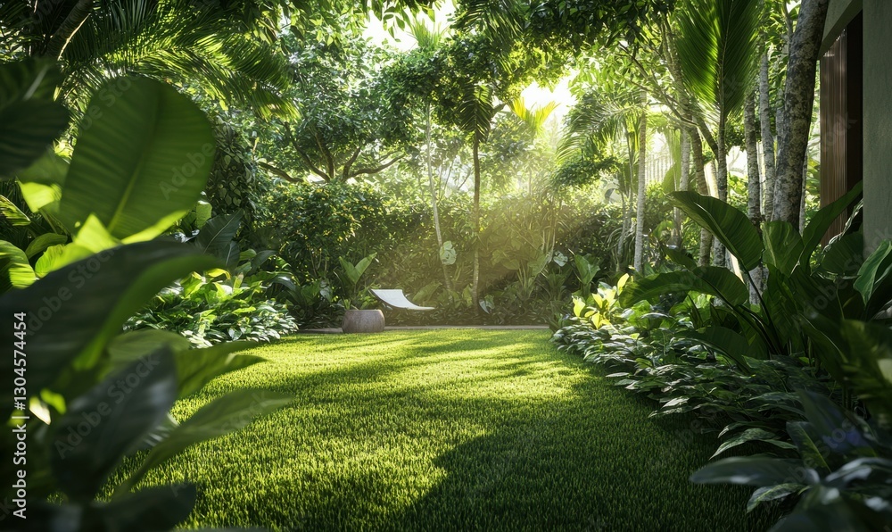 Poster lush green garden with tall trees and soft sunlight filtering through the leaves, creating a calm an