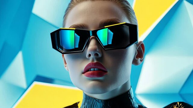 woman wearing Y2K style fashion attire , turtle neck glossy polygon shirt with big eyeglasses