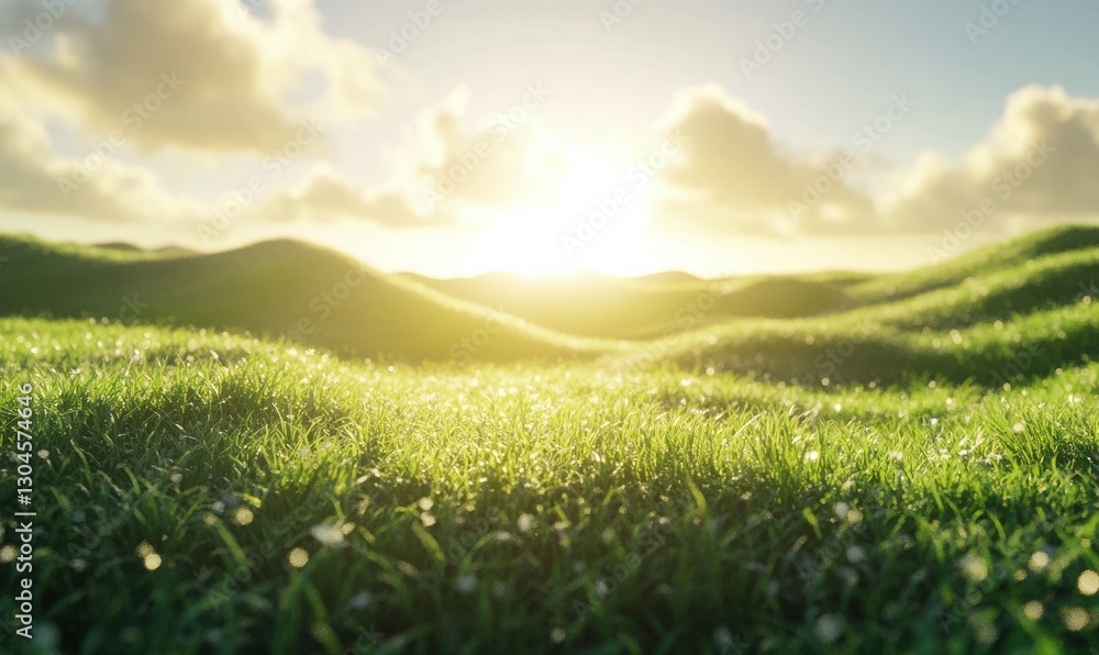 Poster serene view of a grassy field illuminated by golden sunlight with rolling green hills in the backgro