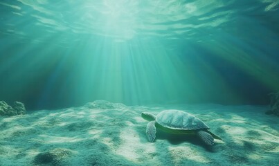 Obraz premium Serene underwater scene with sunlight filtering through crystal-clear turquoise water, illuminating a graceful sea turtle