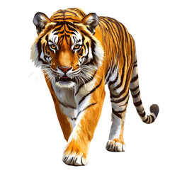 Fototapeta premium Majestic Tiger's Stroll: A fierce tiger with vibrant orange and black stripes strides confidently forward, its intense gaze capturing attention.