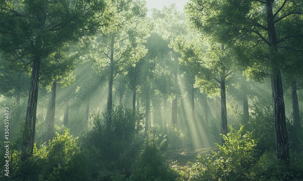 Aufkleber lush green pine tree branches with soft sunlight filtering through, creating a tranquil forest atmos