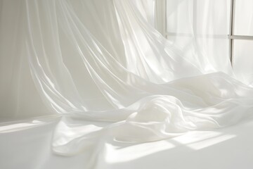 Fototapeta premium Sheer white fabric draped near window, sunlight.