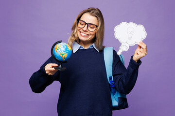 Young girl student wear blue casual clothes glasses backpack bag hold globe say cloud with lightbulb point finger up isolated on plain pastel purple background. High school university college concept.