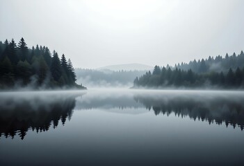 Fototapeta premium Misty Lake Reflection With Forest Silhouettes, Serene Morning Landscape. Ideal for nature, travel or meditation themes.