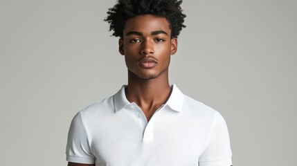 A young man, exuding effortless cool in a crisp, white polo shirt, confidently strikes a pose against a clean, neutral backdrop, capturing the essence of casual elegance.