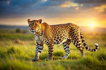 Graceful Leopard Strolling Savannah Zoo - Wildlife Photography