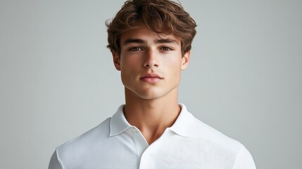 A young man, exuding effortless cool in a crisp, white polo shirt, confidently strikes a pose against a clean, neutral backdrop, capturing the essence of casual elegance.