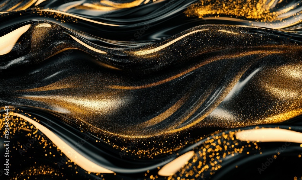 Poster shimmering gold and black wavy patterns creating an elegant and sophisticated abstract composition .