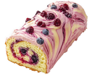 Delicious jelly roll cake with swirled fruit filling, topped with berries, showcasing vibrant colors and soft texture. Perfect for dessert lovers